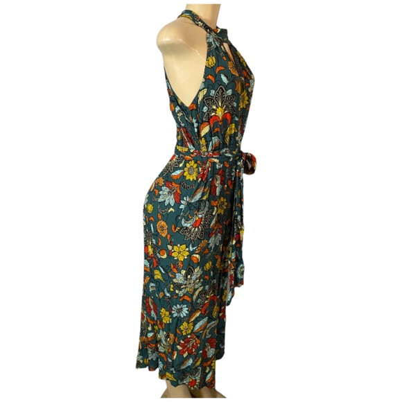 Anthropologie Geneva Halter Wide-Leg Jumpsuit Small Teal Green Floral Paisley - Picture 5 of 10